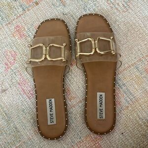Steve Madden Tan and Gold Buckle Sandals
